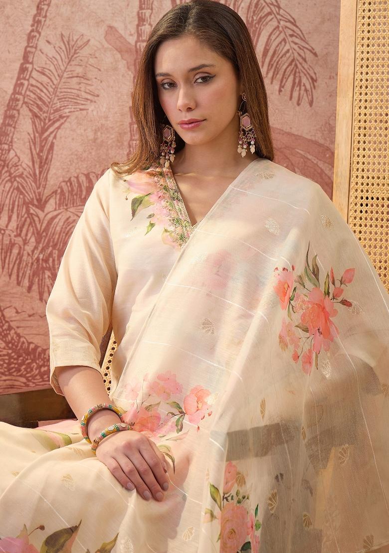 Cream Printed Chanderi Straight Kurta Set - Indya