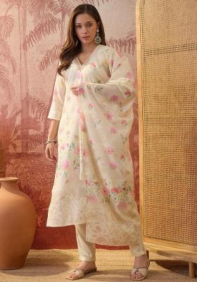 Cream Printed Chanderi Straight Kurta Set