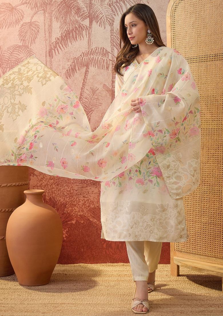 Cream Printed Chanderi Straight Kurta Set - Indya