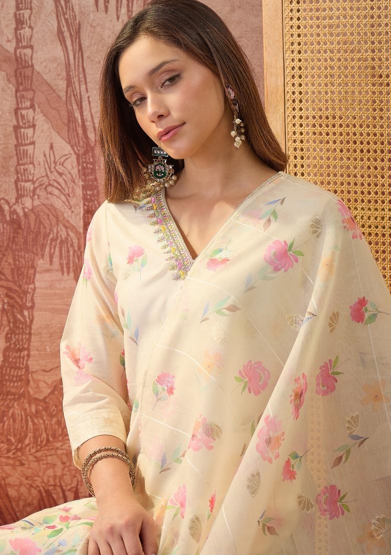 Cream Printed Chanderi Straight Kurta Set - Indya
