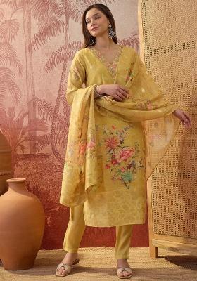 Mustard Printed Chanderi Straight Kurta Set
