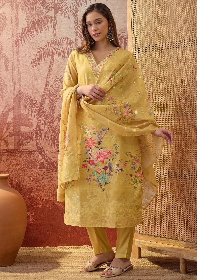 Mustard Printed Chanderi Straight Kurta Set - Indya