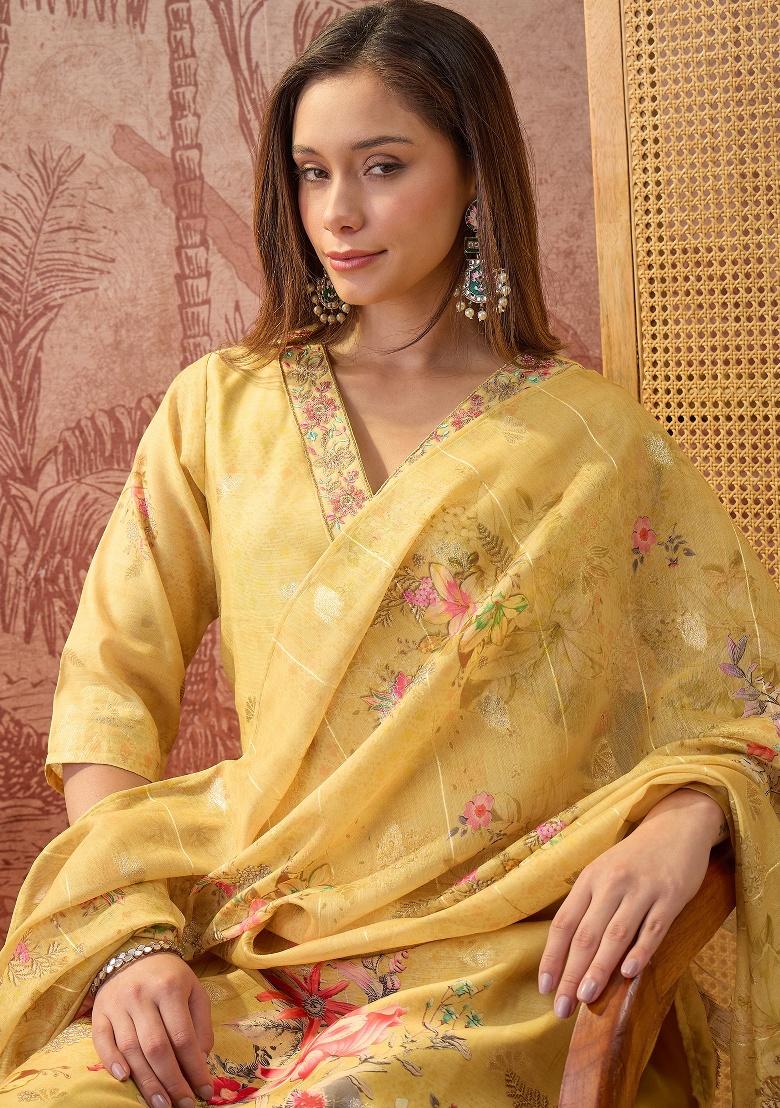 Mustard Printed Chanderi Straight Kurta Set - Indya