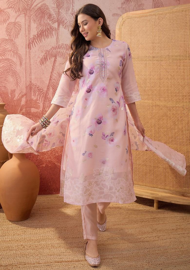 Mauve Printed Chanderi Straight Kurta Set - Indya