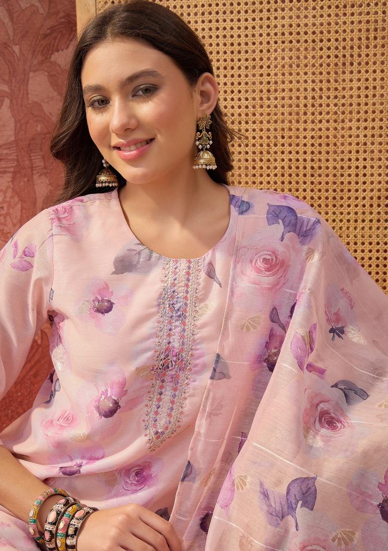 Mauve Printed Chanderi Straight Kurta Set - Indya