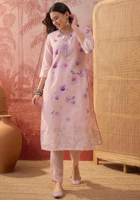 Mauve Printed Chanderi Kurta Set