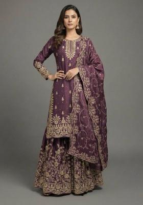 Lavender Embroidery Silk Kurta Set