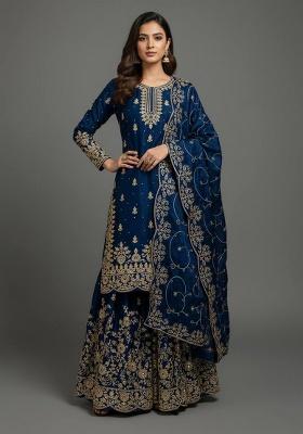 Blue Embroidery Silk Kurta Set