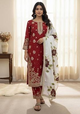 Red Embroidery Silk Kurta Set