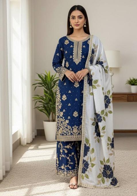 Blue Embroidery Silk Kurta Set