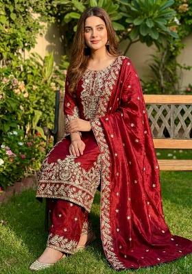 Red Embroidery Silk Kurta Set