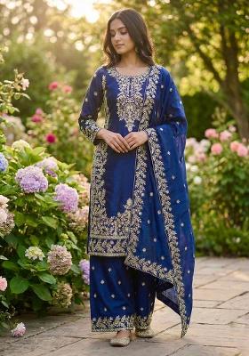 Blue Embroidery Silk Kurta Set
