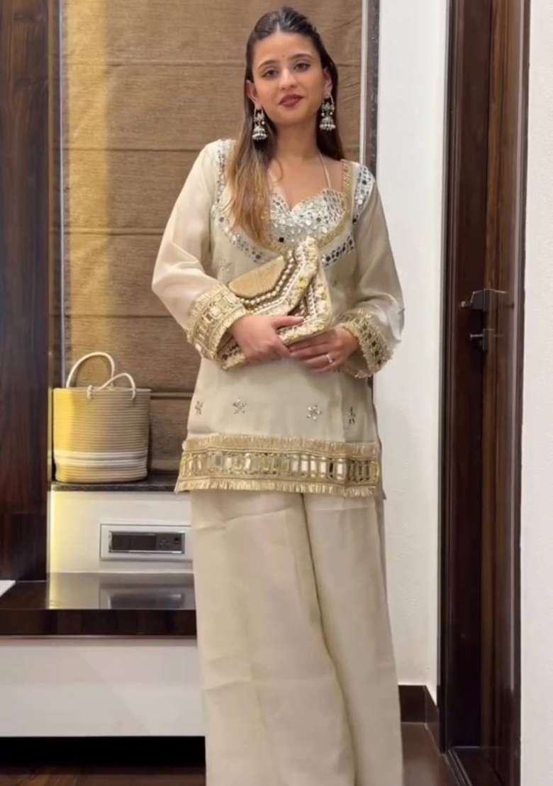 White Mirror Work Silk Kurta Set - Indya
