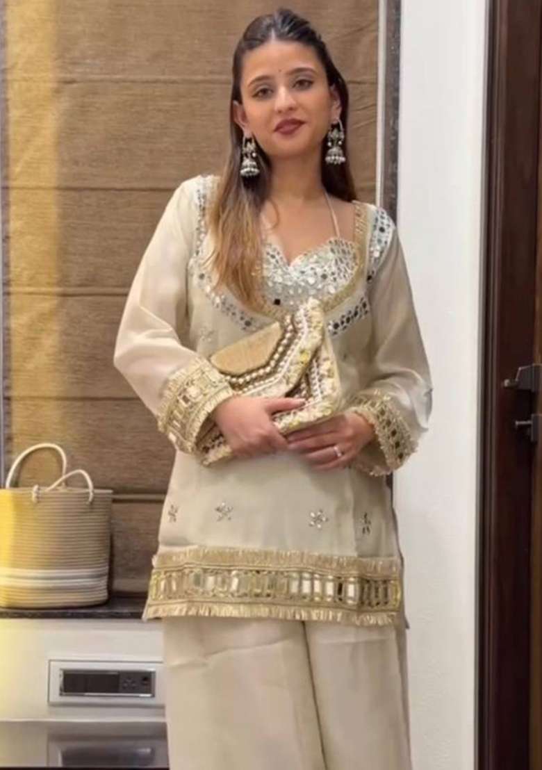 White Mirror Work Silk Kurta Set - Indya