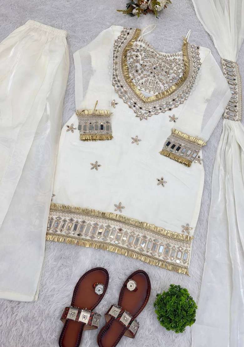 White Mirror Work Silk Kurta Set - Indya