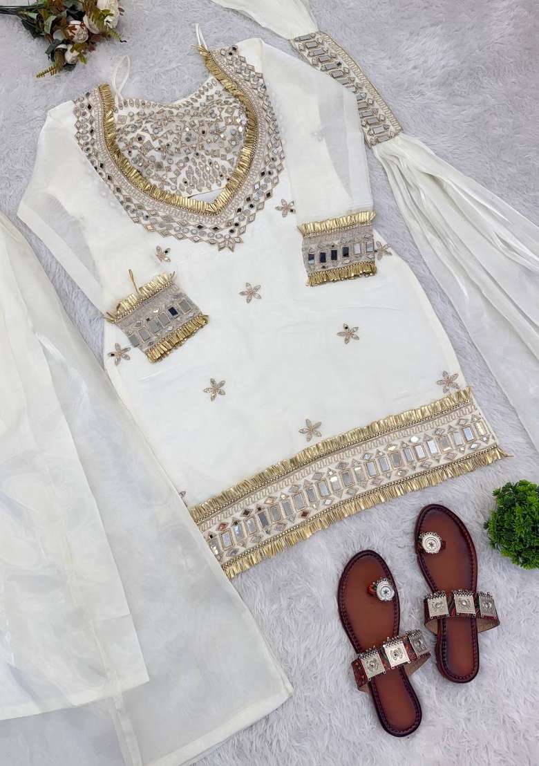 White Mirror Work Silk Kurta Set - Indya