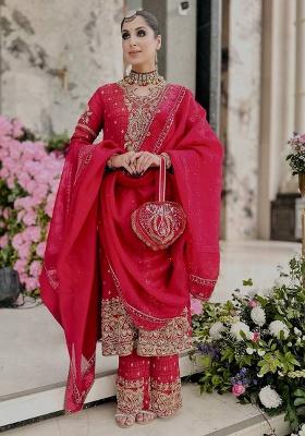 Red Embroidery Silk Kurta Set