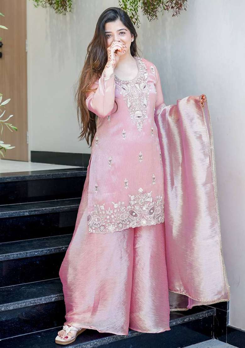 Pink Embroidery Silk Plazzo Set - Indya