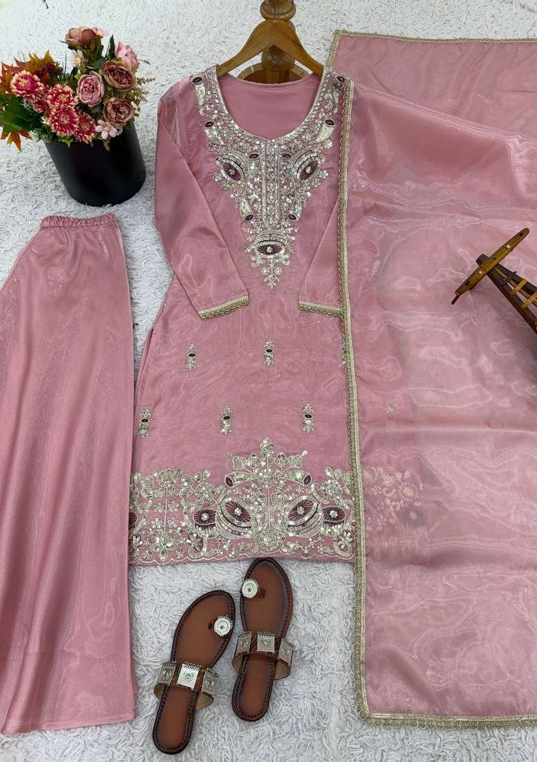 Pink Embroidery Silk Plazzo Set - Indya