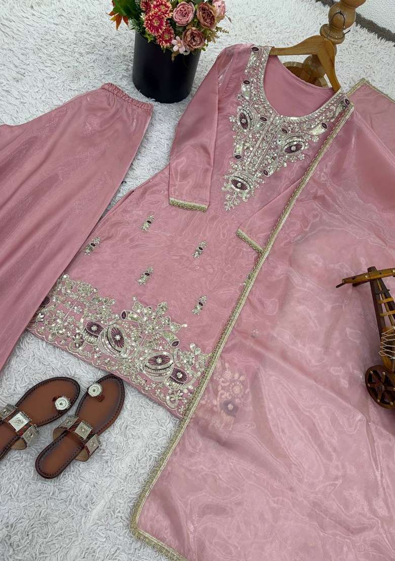 Pink Embroidery Silk Plazzo Set - Indya