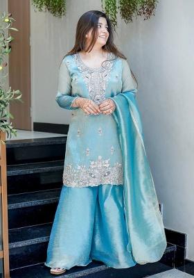 Sky Blue Embroidery Silk Kurta Set