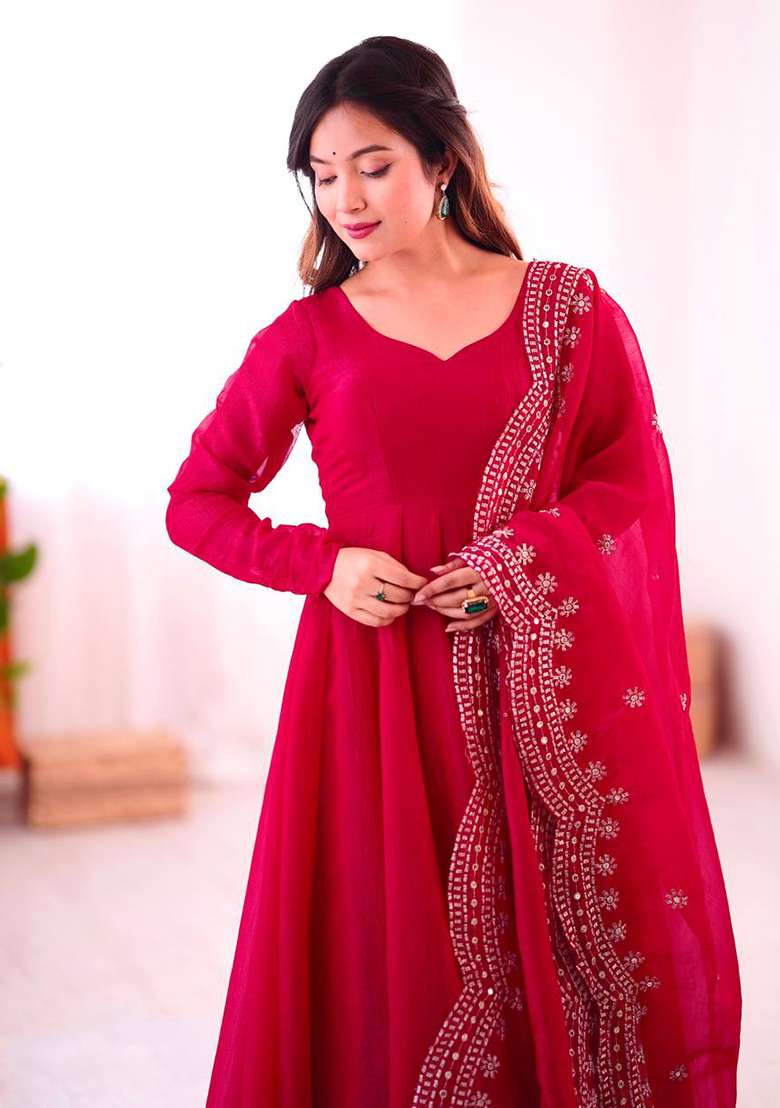 Pink Embroidery Silk Anarkali Set - Indya