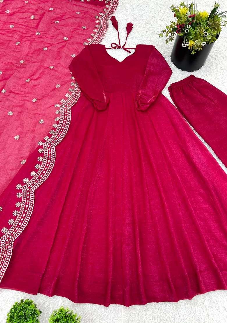 Pink Embroidery Silk Anarkali Set - Indya