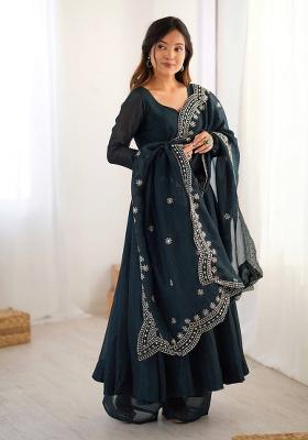 Teal Blue Embroidery Silk Kurta Set