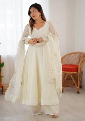 White Embroidery Silk Kurta Set