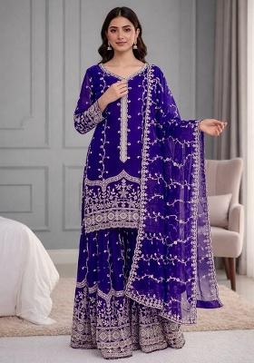 Royal Blue Embroidery Silk Kurta Set