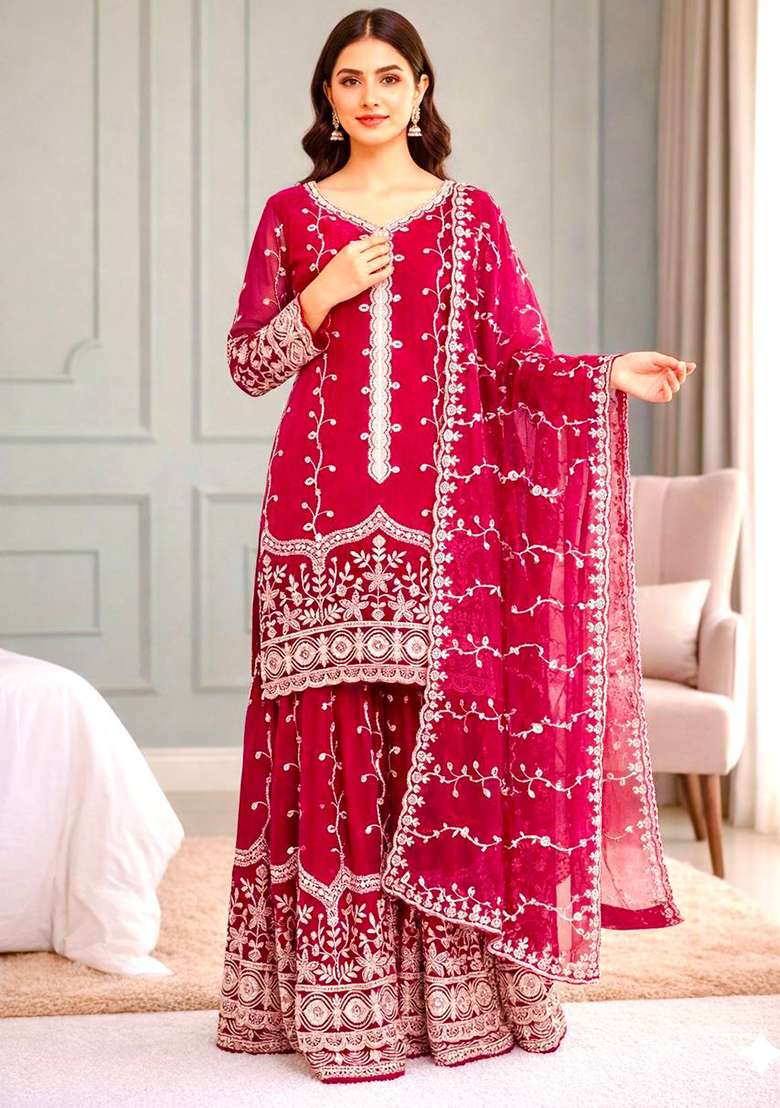 Pink Embroidery Silk Sharara Set - Indya