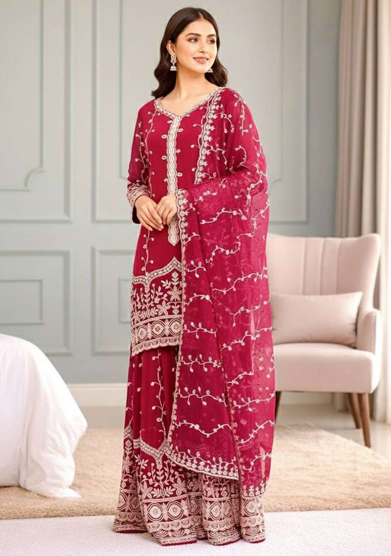 Pink Embroidery Silk Sharara Set - Indya