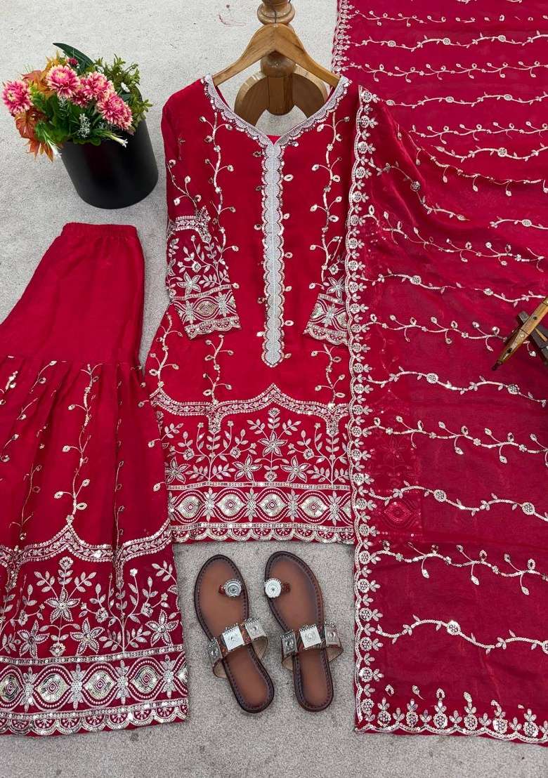 Pink Embroidery Silk Sharara Set - Indya