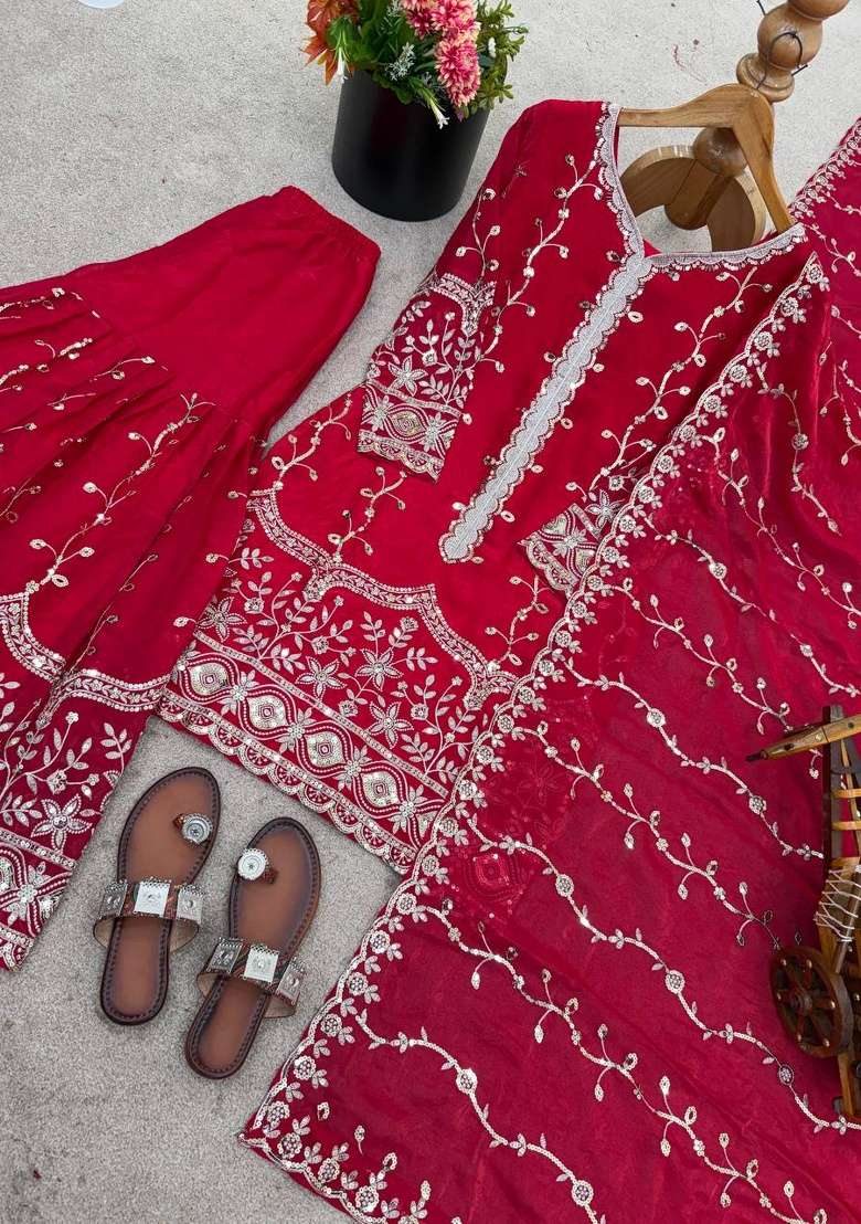 Pink Embroidery Silk Sharara Set - Indya