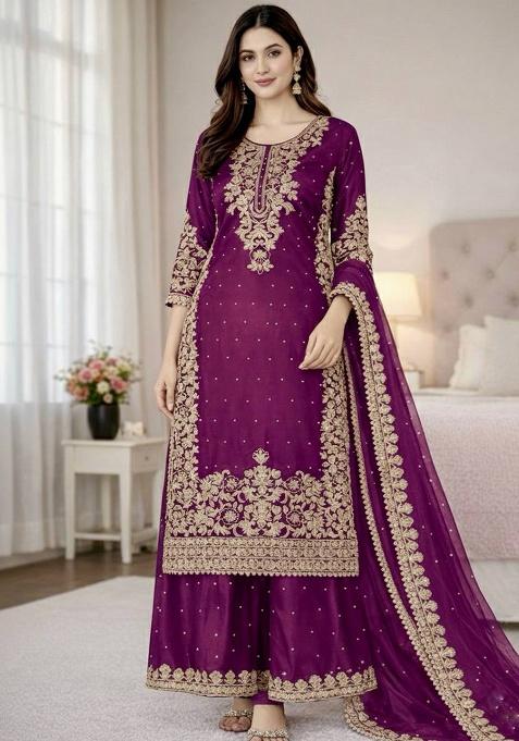 Purple Sequin Silk Kurta Set