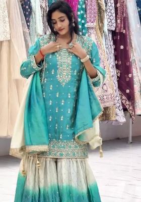 Teal Blue Embroidery Silk Kurta Set