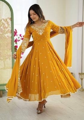 Yellow Embroidery Faux Blooming Kurta Set