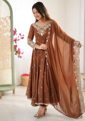 Brown Embroidery Faux Blooming Kurta Set