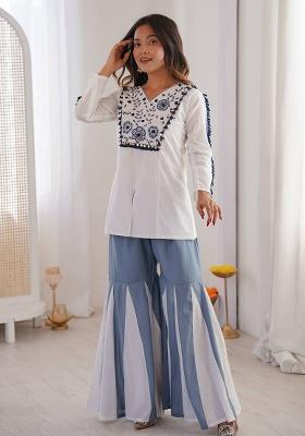 White Embroidery Silk Kurta Set