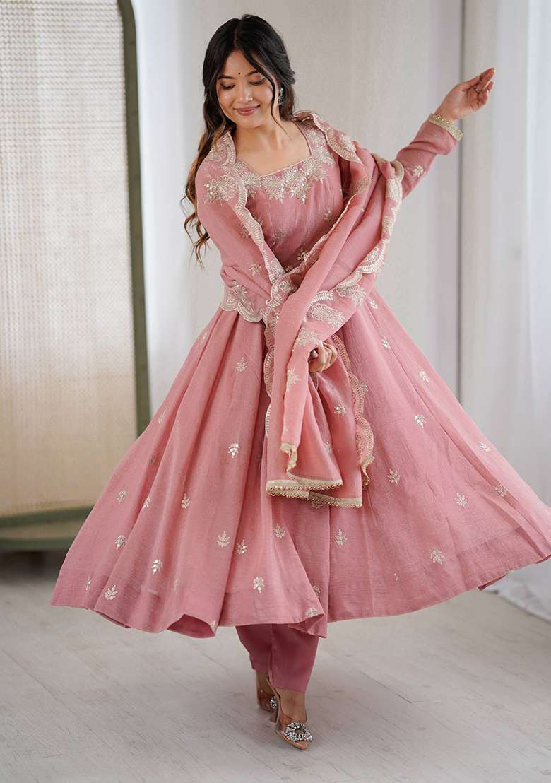 Pink Embroidery Silk Anarkali Set - Indya
