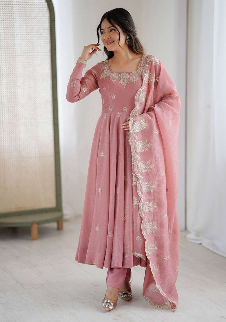 Pink Embroidery Silk Anarkali Set - Indya