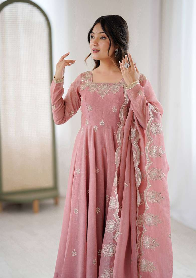 Pink Embroidery Silk Anarkali Set - Indya
