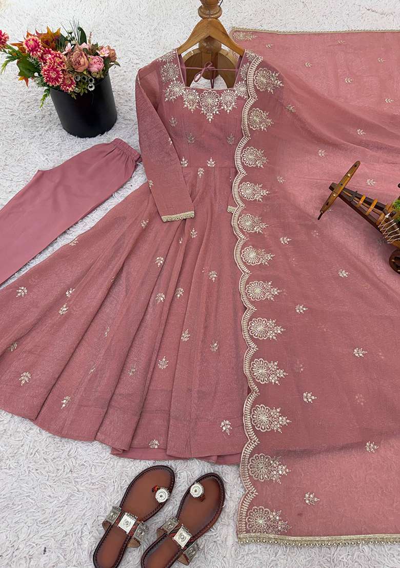Pink Embroidery Silk Anarkali Set - Indya