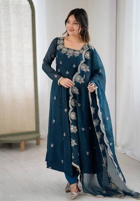 Teal Blue Embroidery Silk Kurta Set