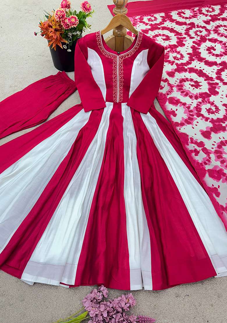 Multicolor Embroidery Silk Anarkali Set - Indya