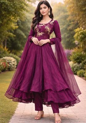 Wine Embroidery Silk Kurta Set