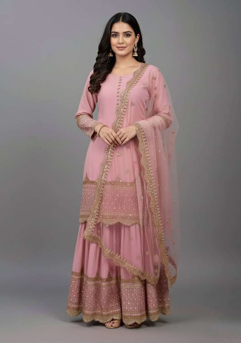 Light Pink Embroidery Georgette Sharara Set - Indya