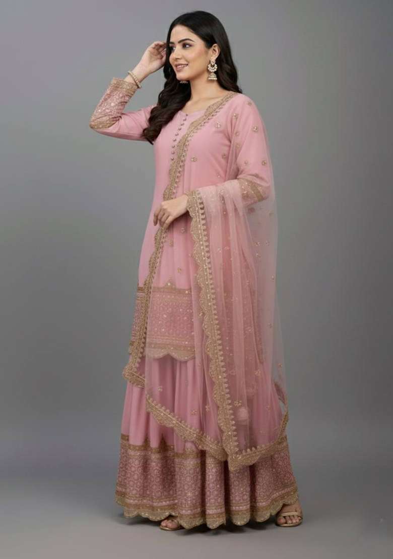 Light Pink Embroidery Georgette Sharara Set - Indya