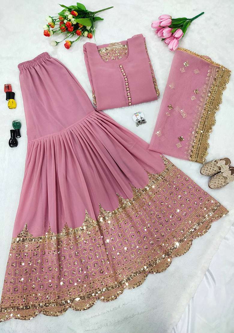 Light Pink Embroidery Georgette Sharara Set - Indya
