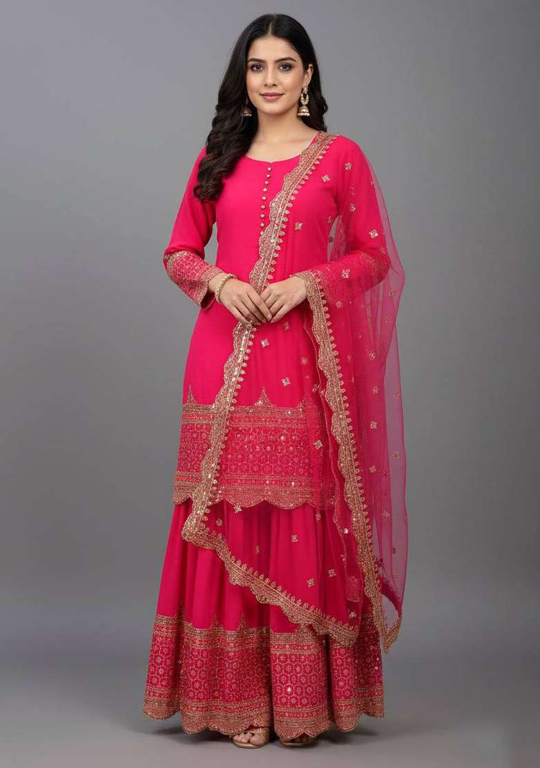 Dark Pink Embroidery Georgette Sharara Set - Indya
